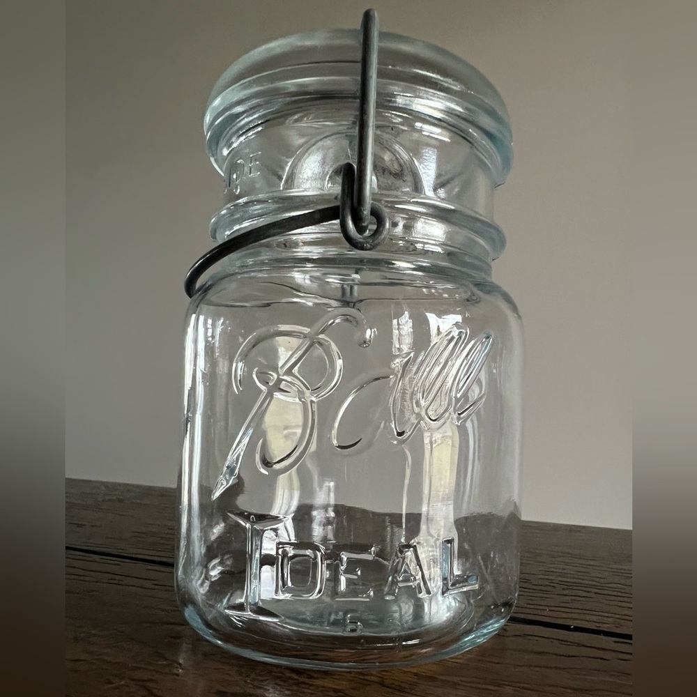 Vtg Ball Ideal Glass Canning Jar Wire Glass Top 12 Oz - Treasure House